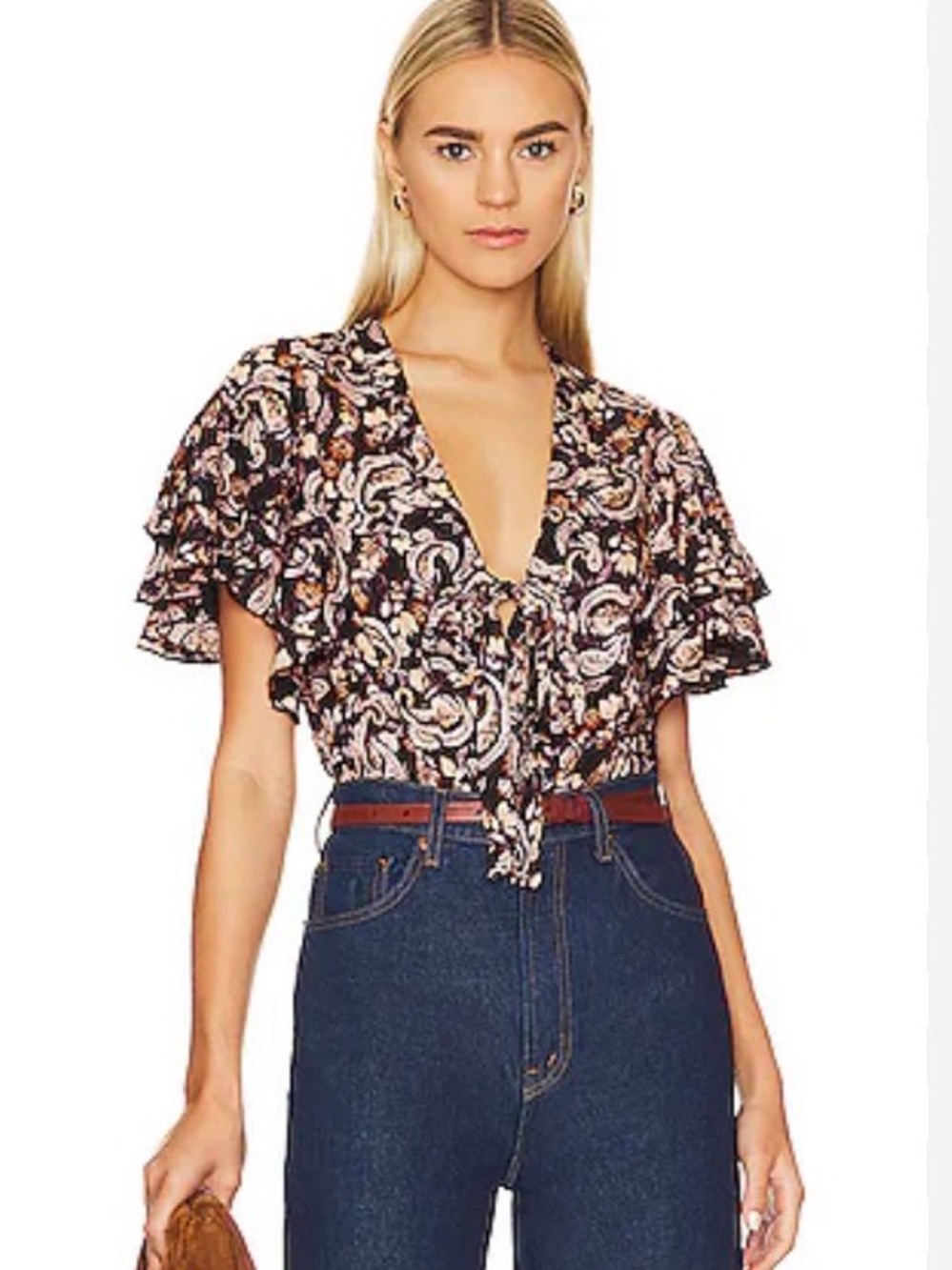 Free People " Call Me Later" Black Paisley Tie-Front , Flutter Sleeve Top